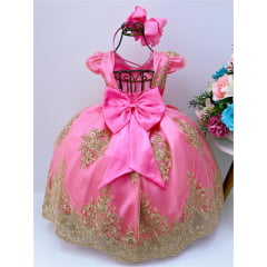 Vestido Infantil Rosa Chiclete Renda Realeza Dourada Pérolas