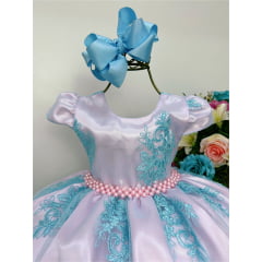 Vestido Infantil Rosa Renda Azul Realeza Cinto Pérola