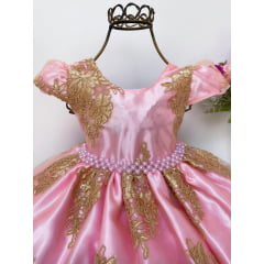 Vestido Infantil Rosa Renda Dourada Realeza Cinto Pérolas