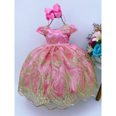 Vestido Infantil Rosa Renda Dourada Realeza Cinto Pérolas