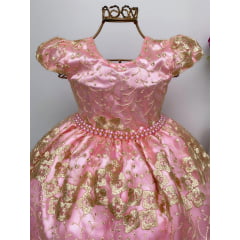 Vestido Infantil Rosa Renda Dourada Realeza Princesa Luxo