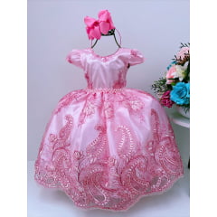 Vestido Infantil Rosa Renda Realeza Cinto de Pérolas