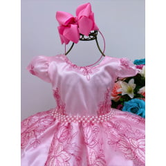 Vestido Infantil Rosa Renda Realeza Cinto de Pérolas