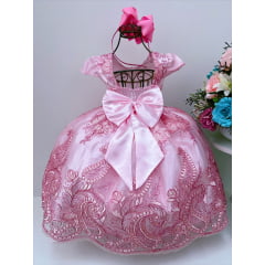 Vestido Infantil Rosa Renda Realeza Cinto de Pérolas