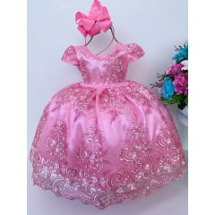 Vestido Infantil Rosa Renda Realeza Cinto Pérolas