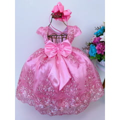 Vestido Infantil Rosa Renda Realeza Cinto Pérolas