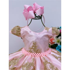 Vestido Infantil Rosa Renda Realeza Dourada Cinto Pérolas