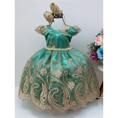 Vestido Infantil Verde Renda Dourada Realeza Cinto de Pérolas