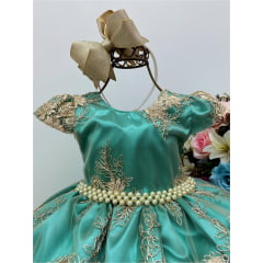 Vestido Infantil Verde Renda Dourada Realeza Cinto de Pérolas