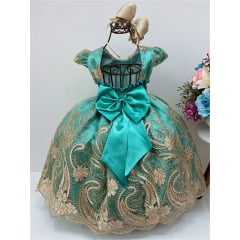 Vestido Infantil Verde Renda Dourada Realeza Cinto de Pérolas