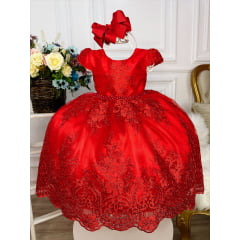Vestido Infantil Vermelho C/ Renda Realeza e Cinto Pérolas