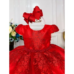 Vestido Infantil Vermelho C/ Renda Realeza e Cinto Pérolas