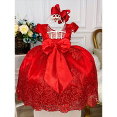 Vestido Infantil Vermelho C/ Renda Realeza e Cinto Pérolas
