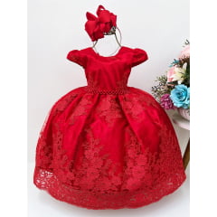 Vestido Infantil Vermelho Renda Realeza Cinto de Pérolas