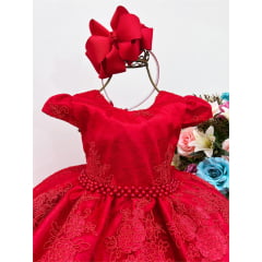 Vestido Infantil Vermelho Renda Realeza Cinto de Pérolas