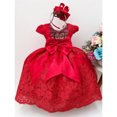Vestido Infantil Vermelho Renda Realeza Cinto de Pérolas