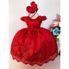 Vestido Infantil Vermelho Renda Realeza e Cinto Pérolas Luxo