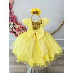 Vestido Infantil Amarelo Saia Organza e Busto Nervura Strass