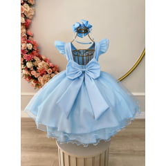 Vestido Infantil Azul Bebê Busto Plissado C/ Pérolas Festas