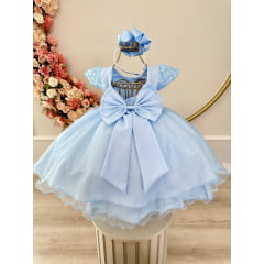 Vestido Infantil Azul Bebê C/ Renda e Cinto de Pérolas Festas