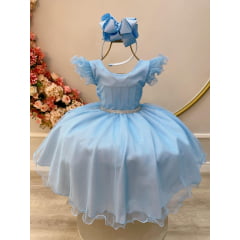 Vestido Infantil Azul Bebê Luxo C/ Cinto de Strass