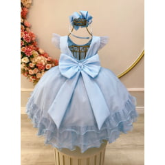 Vestido Infantil Azul C/ Busto Strass Saia Babados Glitter