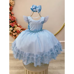 Vestido Infantil Azul C/ Busto Strass Saia Babados Glitter