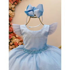 Vestido Infantil Azul C/ Busto Strass Saia Babados Glitter