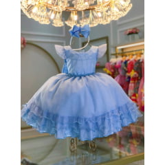 Vestido Infantil Azul C/ Busto Strass Saia Babados Glitter