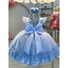 Vestido Infantil Azul C/ Busto Strass Saia Babados Glitter