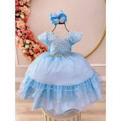 Vestido Infantil Azul Claro C/ Renda Cinto de Pérolas Festas