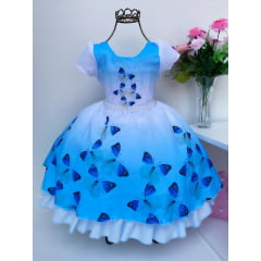Vestido Infantil Azul Jardim das Borboletas Cinto Pérolas