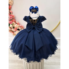 Vestido Infantil Azul Marinho C/ Renda e Cinto de Pérolas