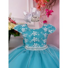 Vestido Infantil Azul C/ Cinto Pérolas Strass Luxo