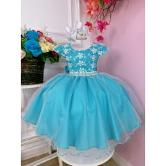 Vestido Infantil Azul C/ Cinto Pérolas Strass Luxo