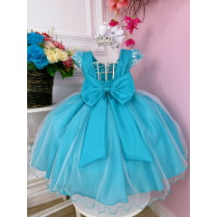 Vestido Infantil Azul C/ Cinto Pérolas Strass Luxo