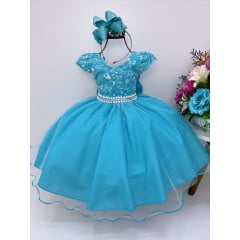Vestido Infantil Azul Tiffany C/ Renda Cinto de Pérolas Luxo