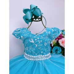 Vestido Infantil Azul Tiffany C/ Renda Cinto de Pérolas Luxo