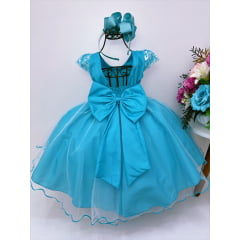 Vestido Infantil Azul Tiffany C/ Renda Cinto de Pérolas Luxo