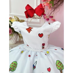 Vestido Infantil Branco Aquarela Com Cinto de Pérolas Luxo