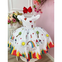 Vestido Infantil Branco Aquarela Com Cinto de Pérolas Luxo