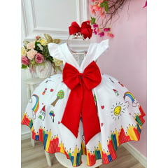 Vestido Infantil Branco Aquarela Com Cinto de Pérolas Luxo