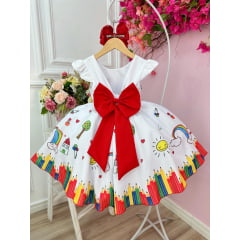 Vestido Infantil Branco Aquarela Com Cinto de Pérolas Luxo