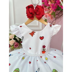 Vestido Infantil Branco Aquarela Com Cinto de Pérolas Luxo