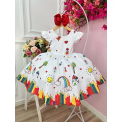 Vestido Infantil Branco Aquarela Com Cinto de Pérolas Luxo