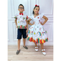 Vestido Infantil Branco Aquarela Com Cinto de Pérolas Luxo