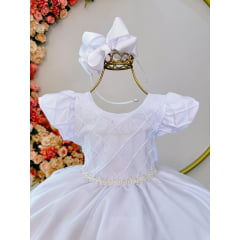 Vestido Infantil Branco Busto Nervura C/ Strass Festas