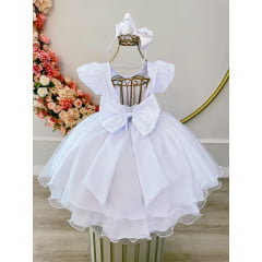 Vestido Infantil Branco Busto Nervura C/ Strass Festas