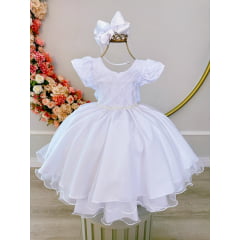 Vestido Infantil Branco Busto Nervura C/ Strass Festas