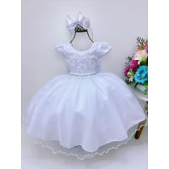 Vestido Infantil Branco C/ Cinto Pérolas Strass Luxo